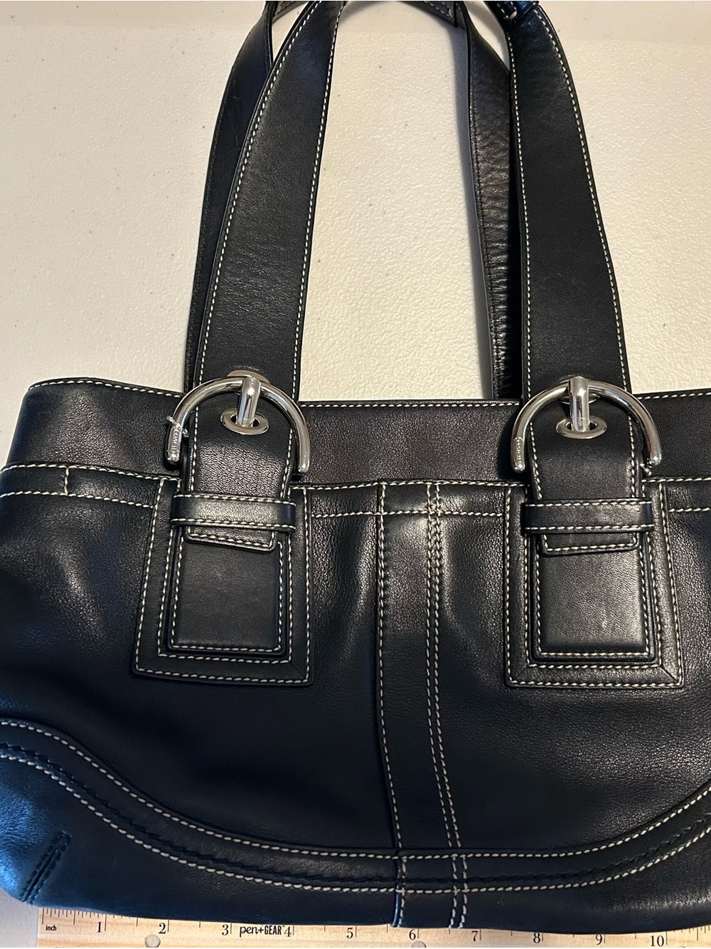 Coach Vintage Classic Black Leather Tote Bag with Contrast Stitching